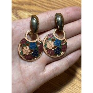 Peach Gold Tone Cut Out Multi Colored Enamel Flowers Cloisonné Pierced Earrings